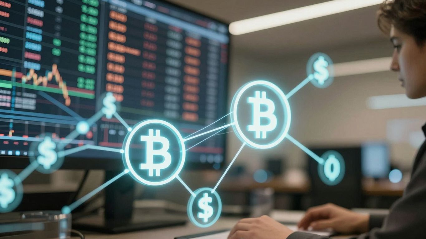 Digital currency trading floor with glowing lines connecting crypto symbols.