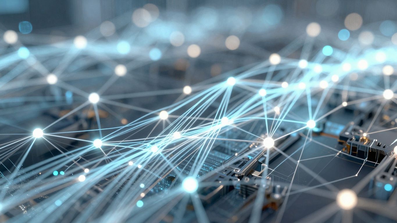 Digital network with glowing data streams.