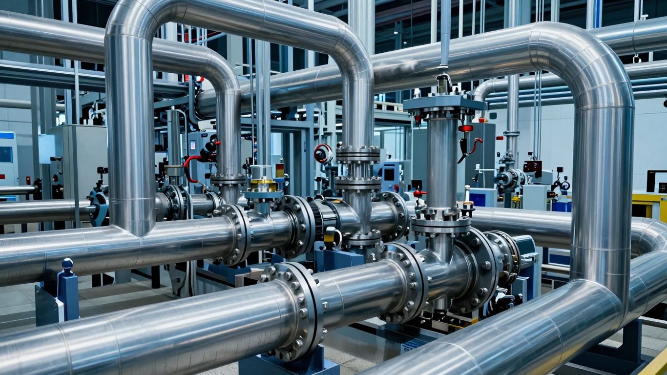 High-tech pipeline with metallic conduits and blue lighting.