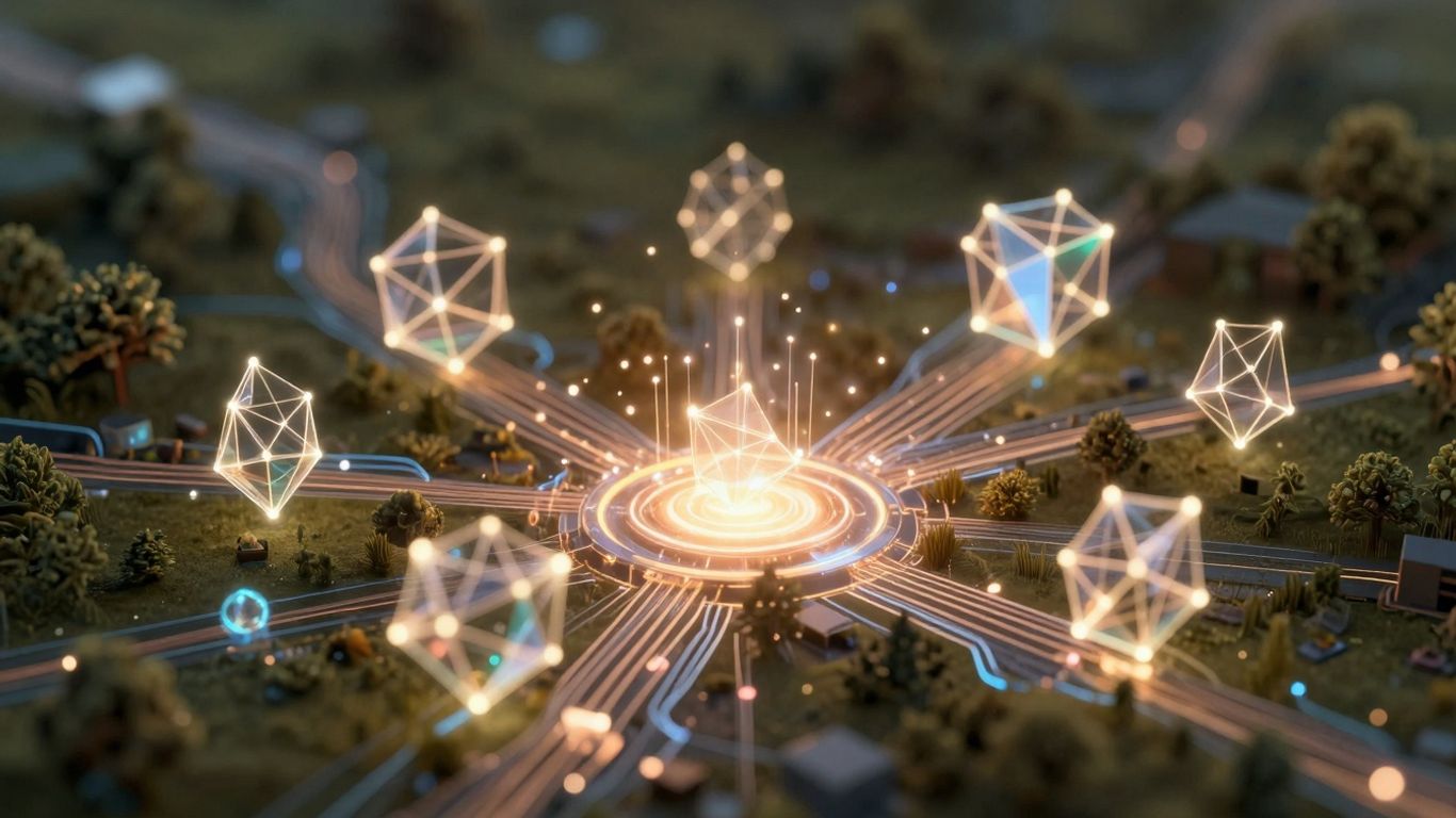 Data streams flowing into a glowing core in a digital landscape.