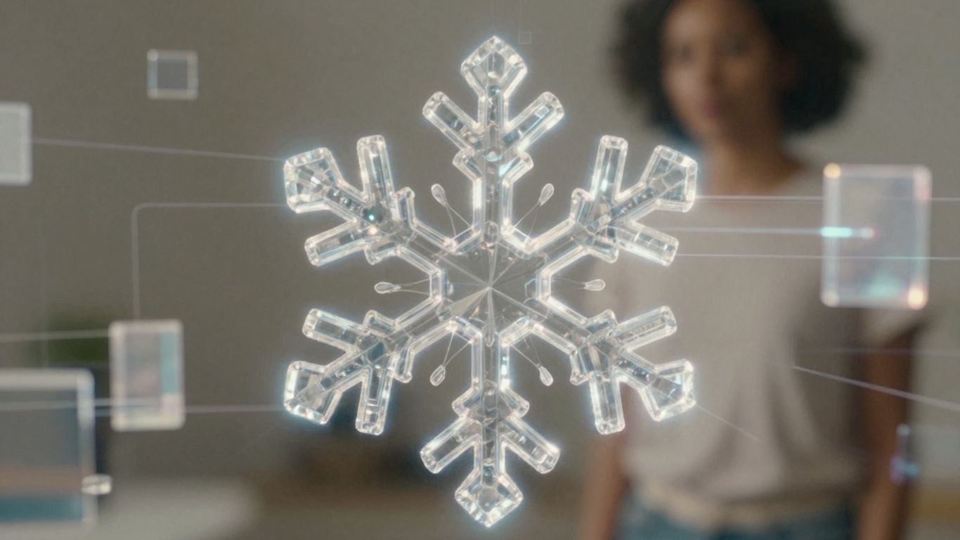 Snowflake and digital blocks merging, representing blockchain data.