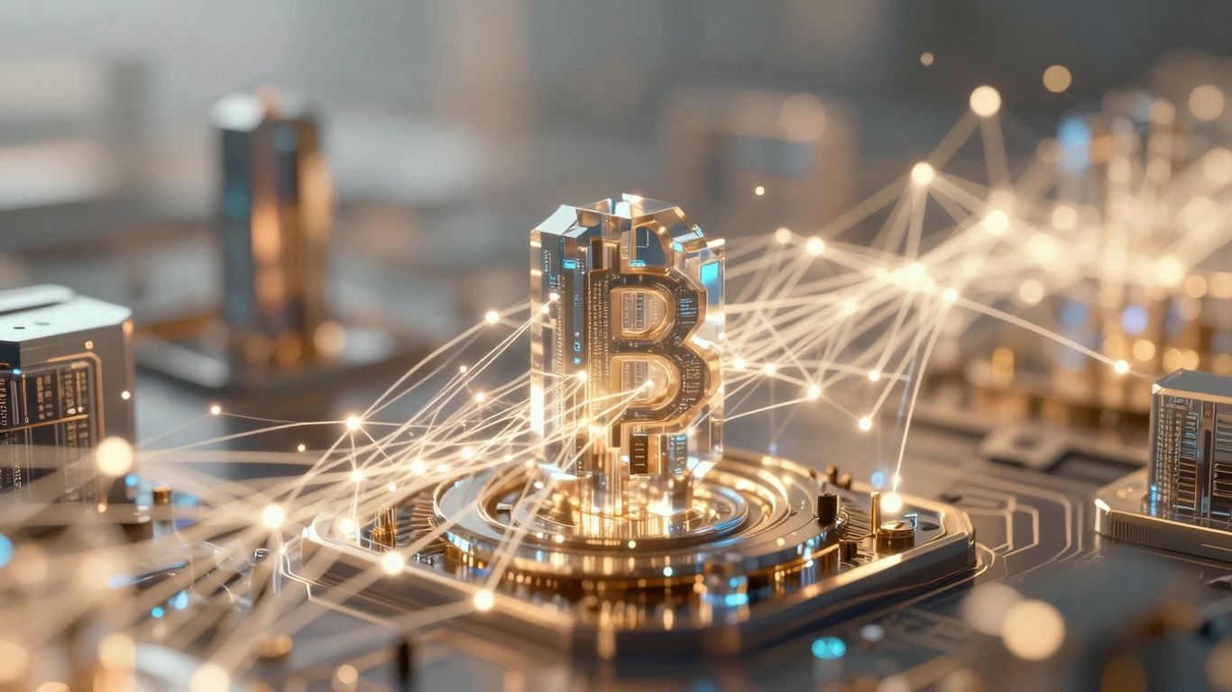 Abstract blockchain network with glowing data streams.