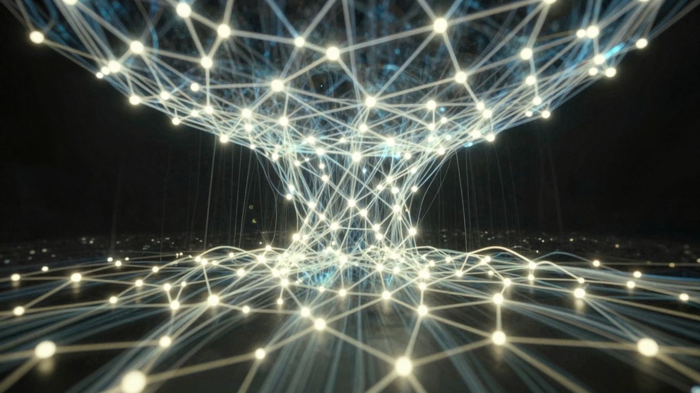 Digital network nodes with glowing light streams.