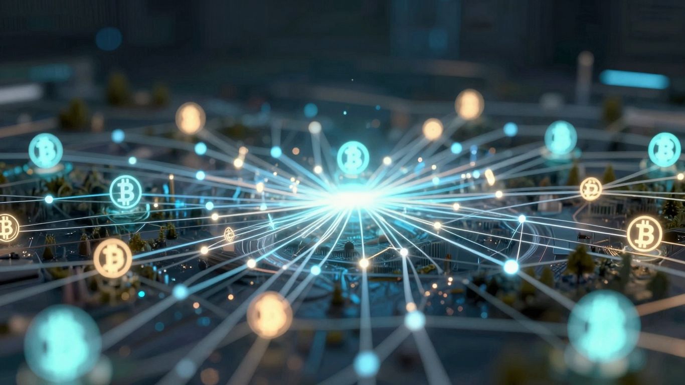 Interconnected digital pathways with pulsing crypto symbols.