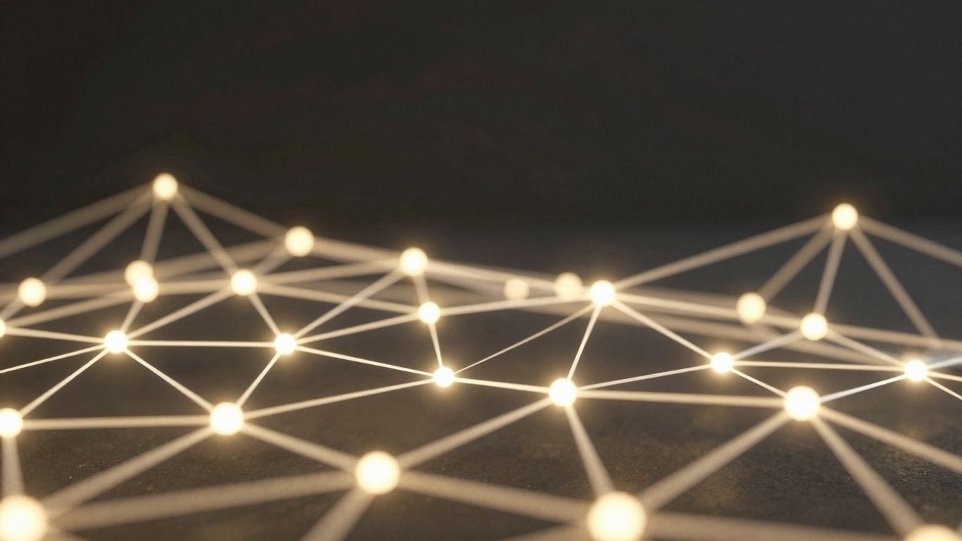 Interconnected digital network with glowing nodes and pathways.