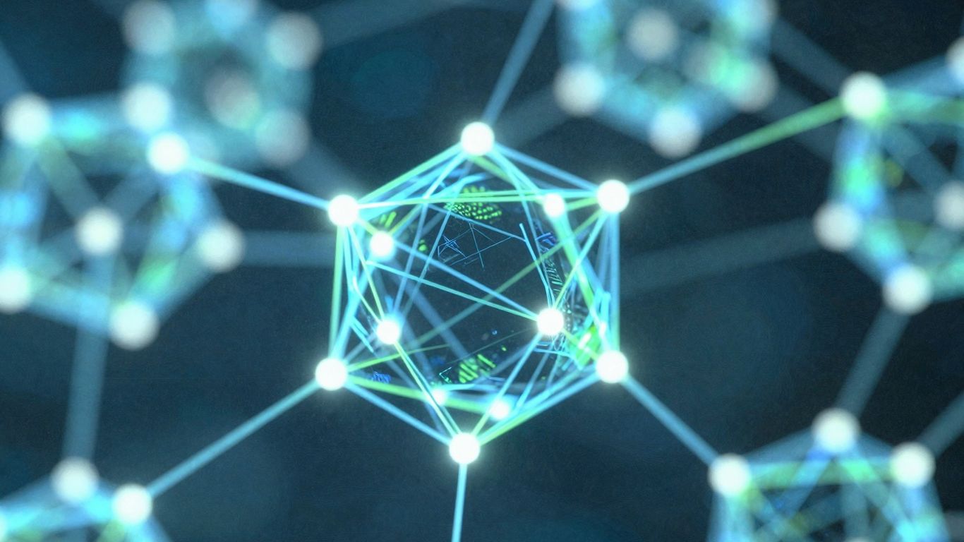 Abstract network of glowing digital nodes and connections.