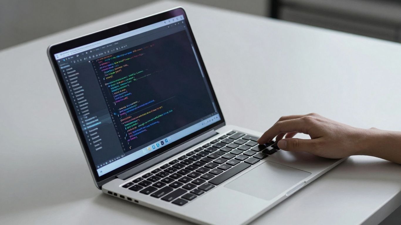 Laptop with code on screen, minimalist desk setup.