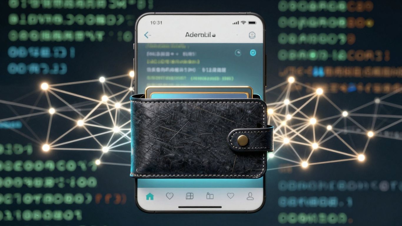 Digital wallet with glowing network connections and code