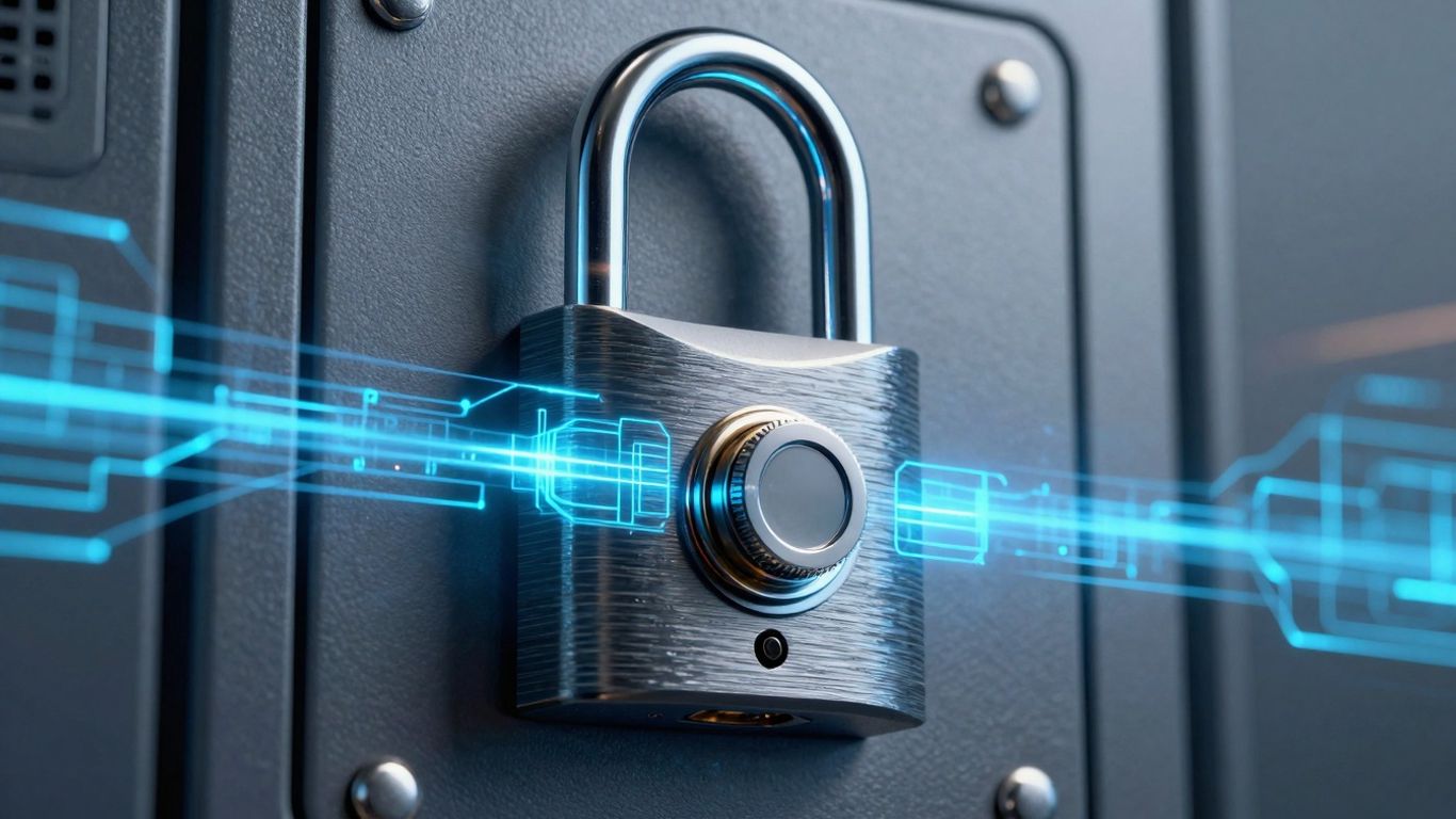 Digital lock with glowing data streams, representing API security.