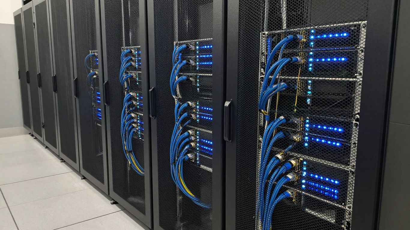 Server rack with glowing blue lights and cables