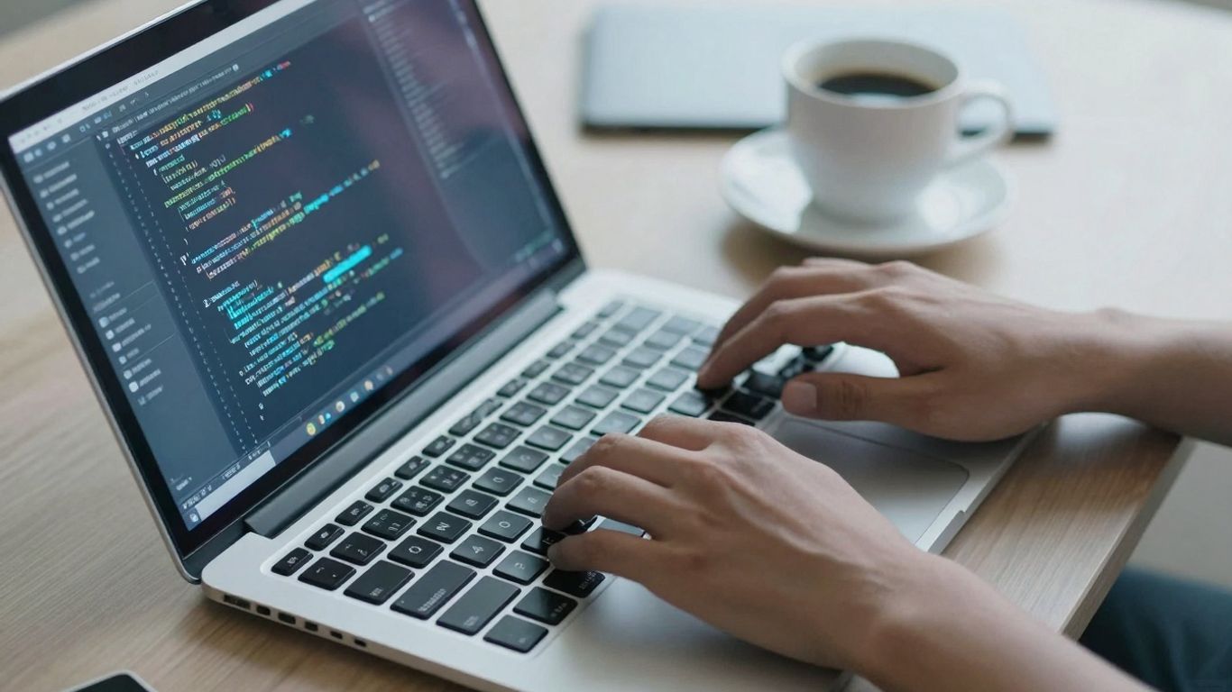 Developer hands coding on a laptop with glowing code.