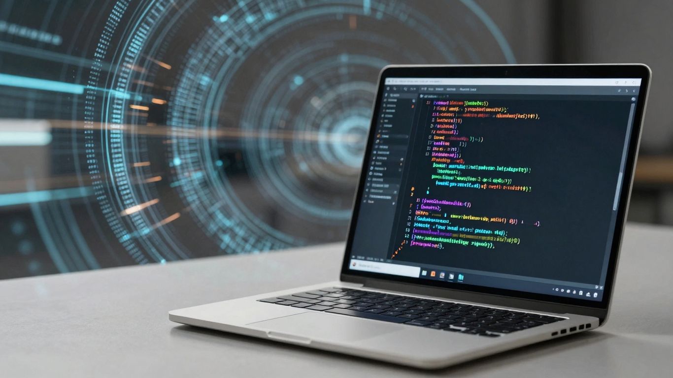 TypeScript code on a laptop with abstract digital background.