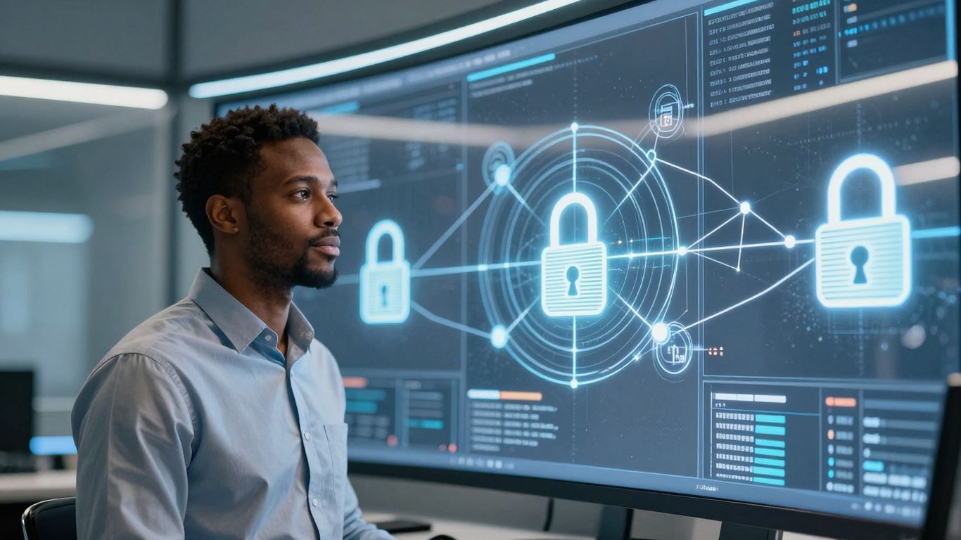 Security dashboard with digital locks and network nodes.
