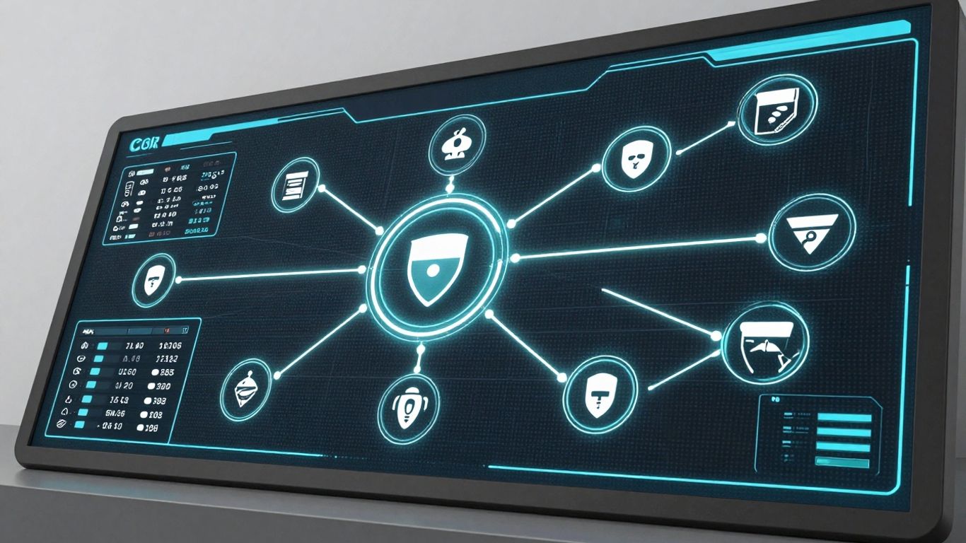 Security dashboard with connected digital icons and glowing lines.