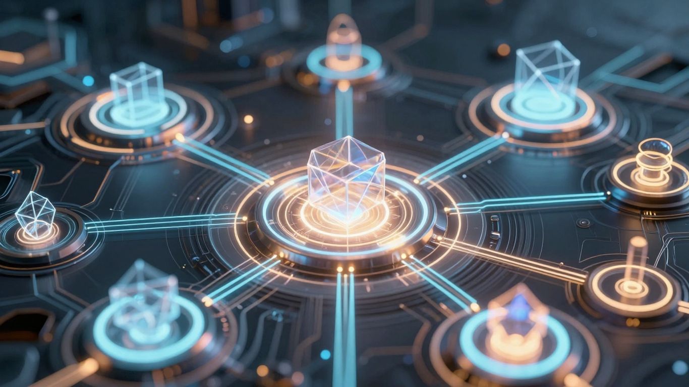 Interconnected digital pathways and blockchain platform shapes.