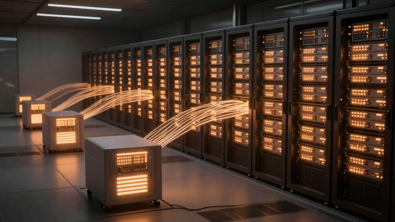 Digital archive with glowing servers and data streams.