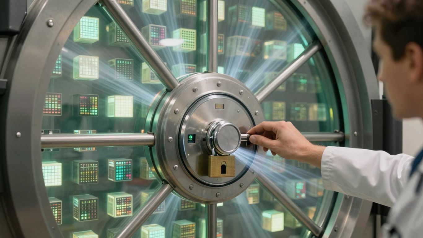 Secure digital vault with glowing data cubes and lock.
