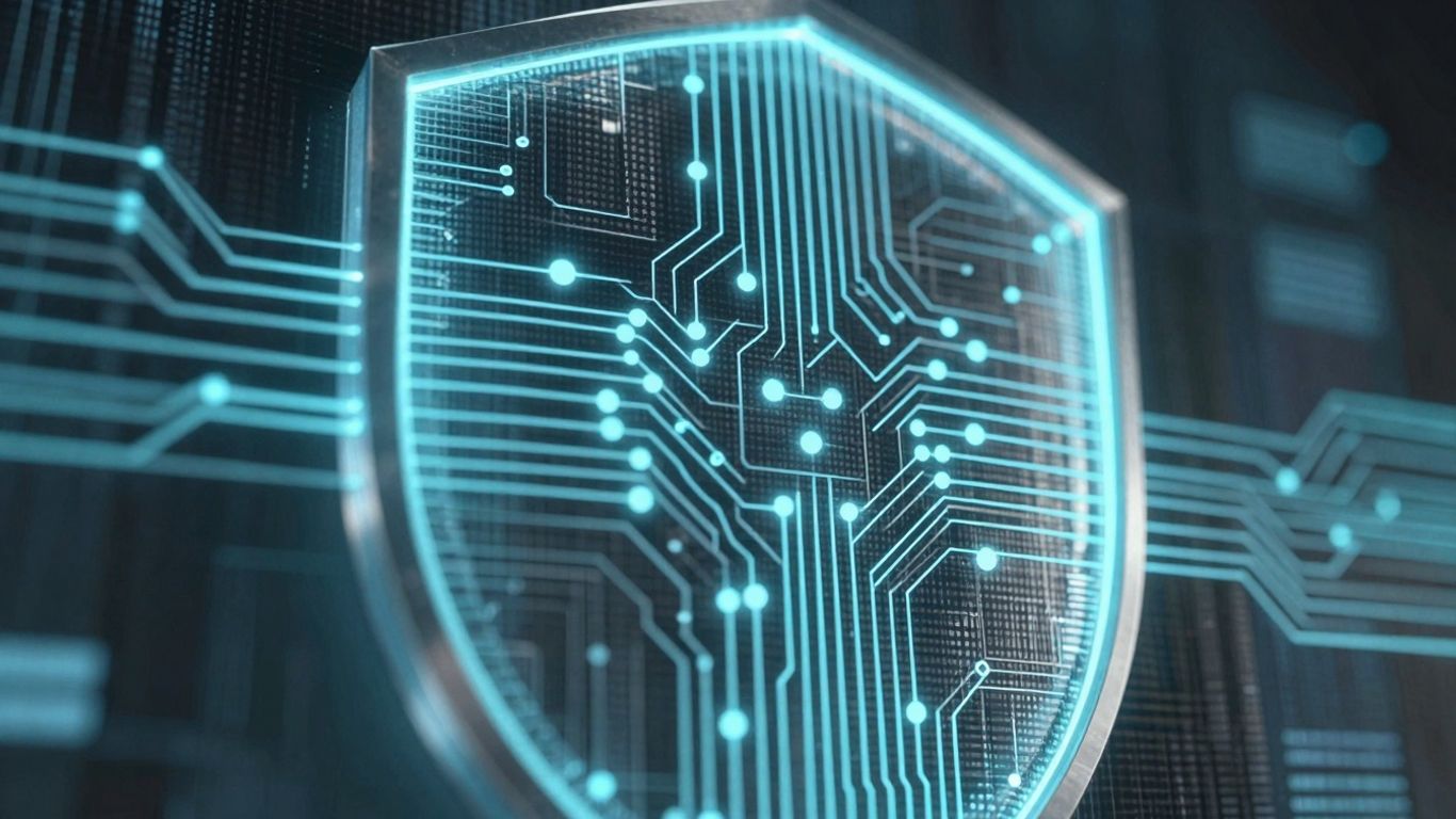 Digital shield with glowing circuitry for Web3 security.