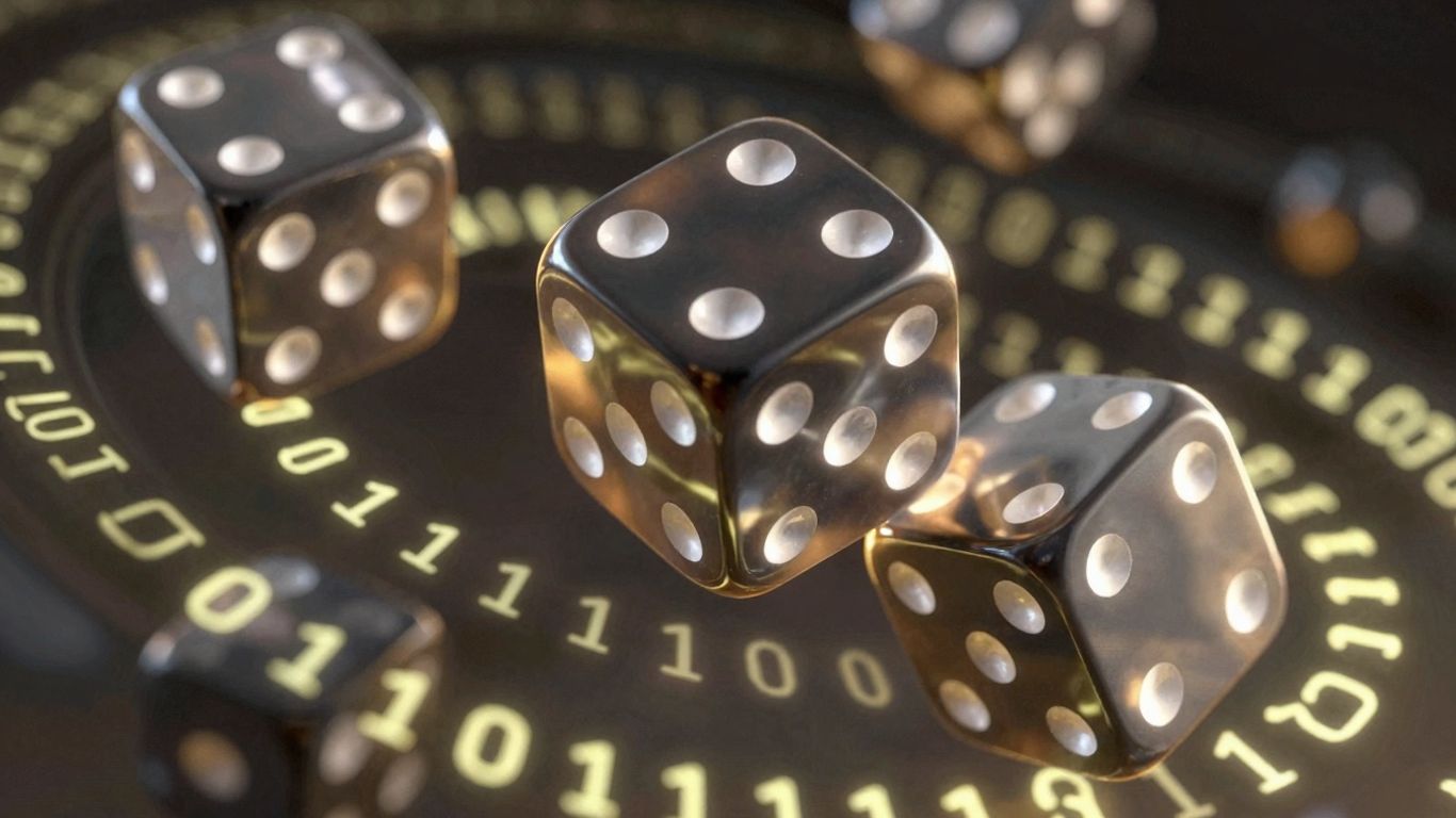 Digital dice falling, binary code, chance, uncertainty