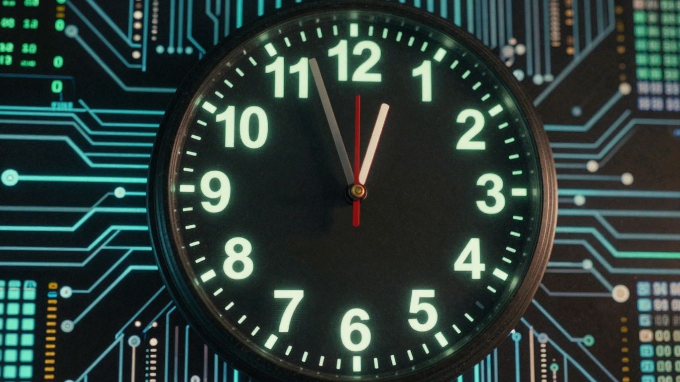 Digital clock face with spinning numbers, circuit board background.