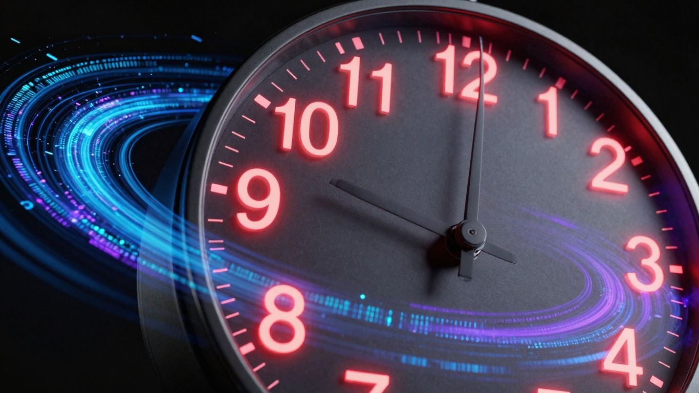 Digital clock with data streams, indicating crypto attack detection time.