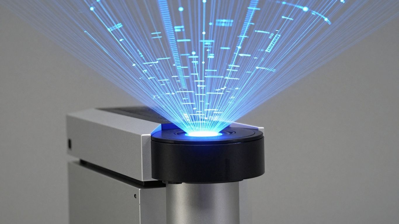 Futuristic scanner analyzing digital network pathways.