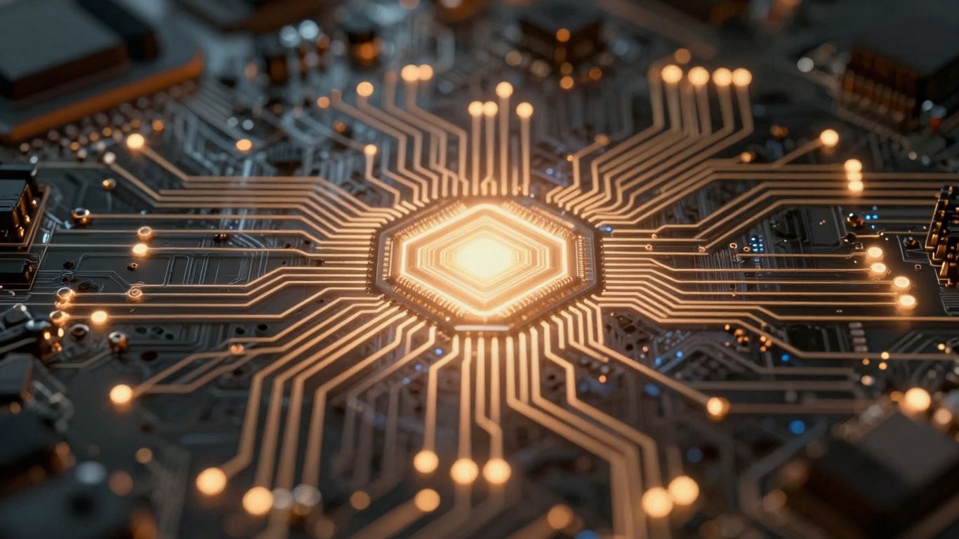 Digital circuit board with glowing pathways.