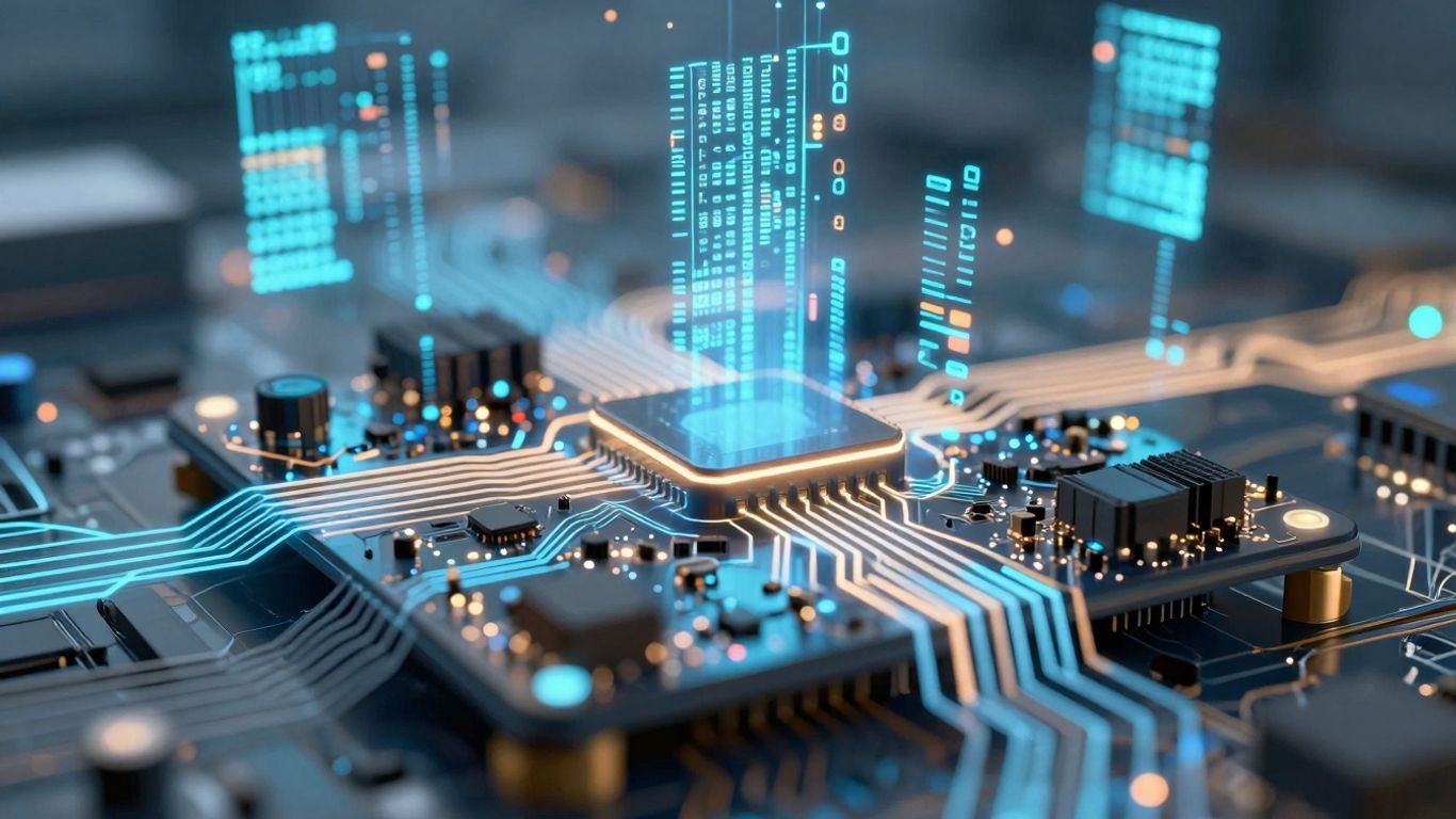 Digital circuit board with floating code fragments.