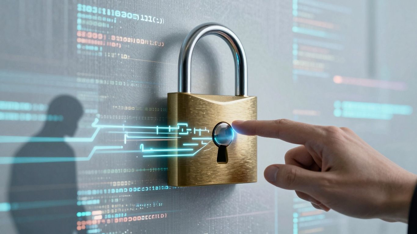 Digital lock bypassed by shadowy figure, code trails.