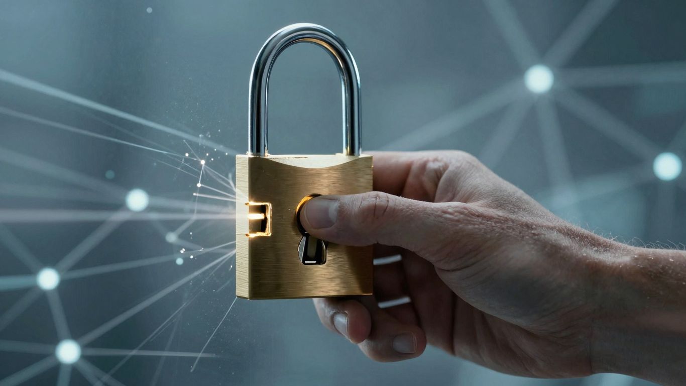 Digital lock being pried open, cyber threat concept.