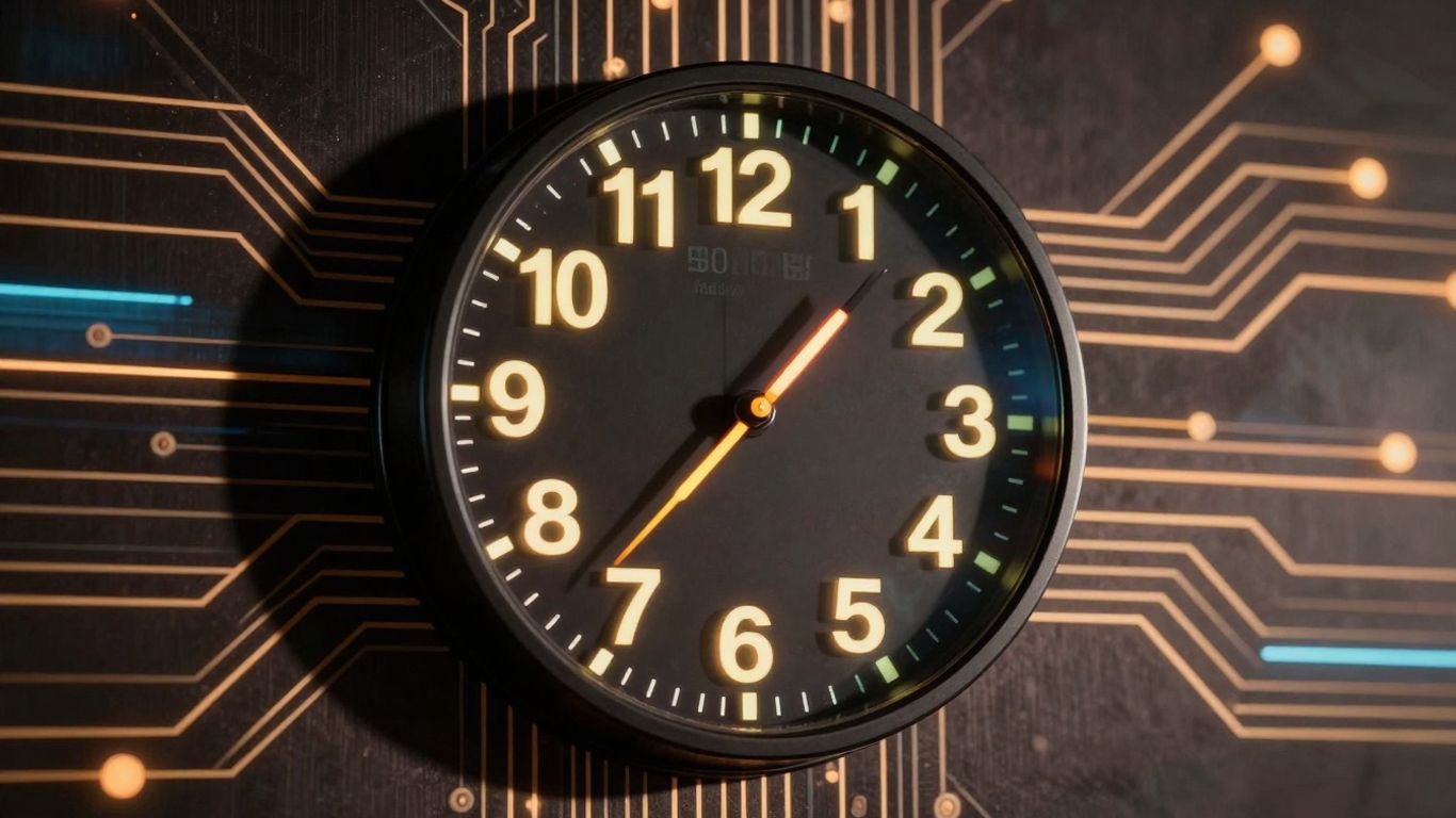 Digital clock with spinning numbers and circuit board background.