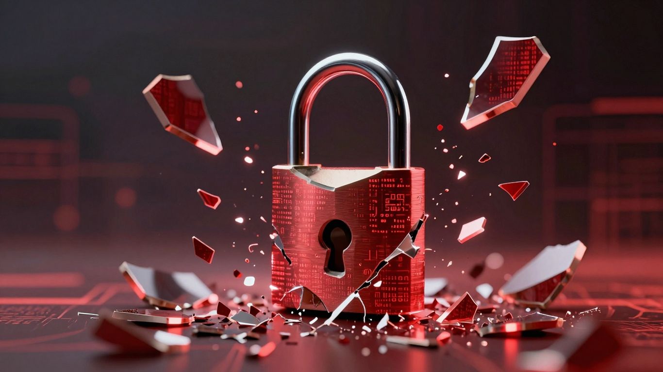 Shattered digital lock symbolizing a crypto hack.