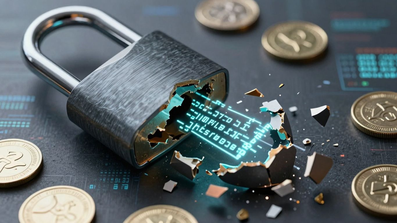 Digital lock broken open with code and coins spilling out.