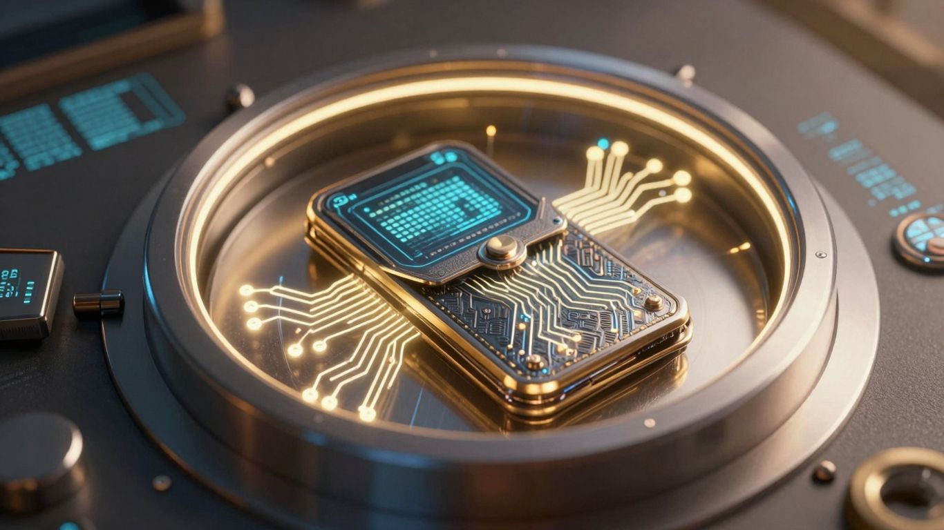 Digital wallet secured in a vault with glowing data streams.