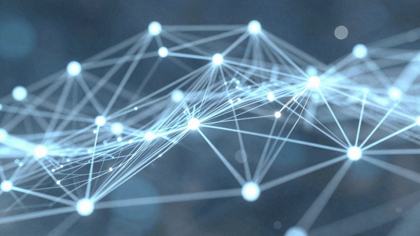 Digital network with glowing nodes and data streams.