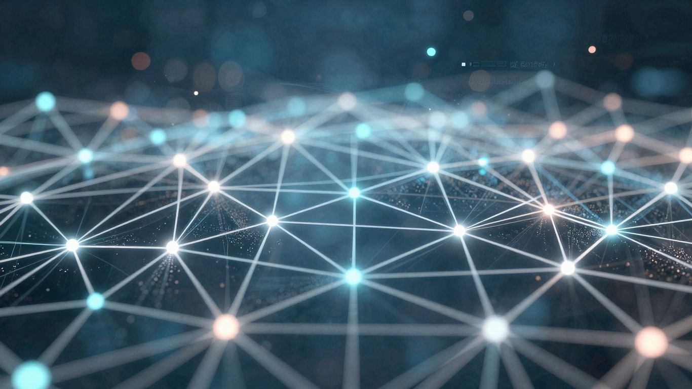 Digital network with glowing nodes and data points.