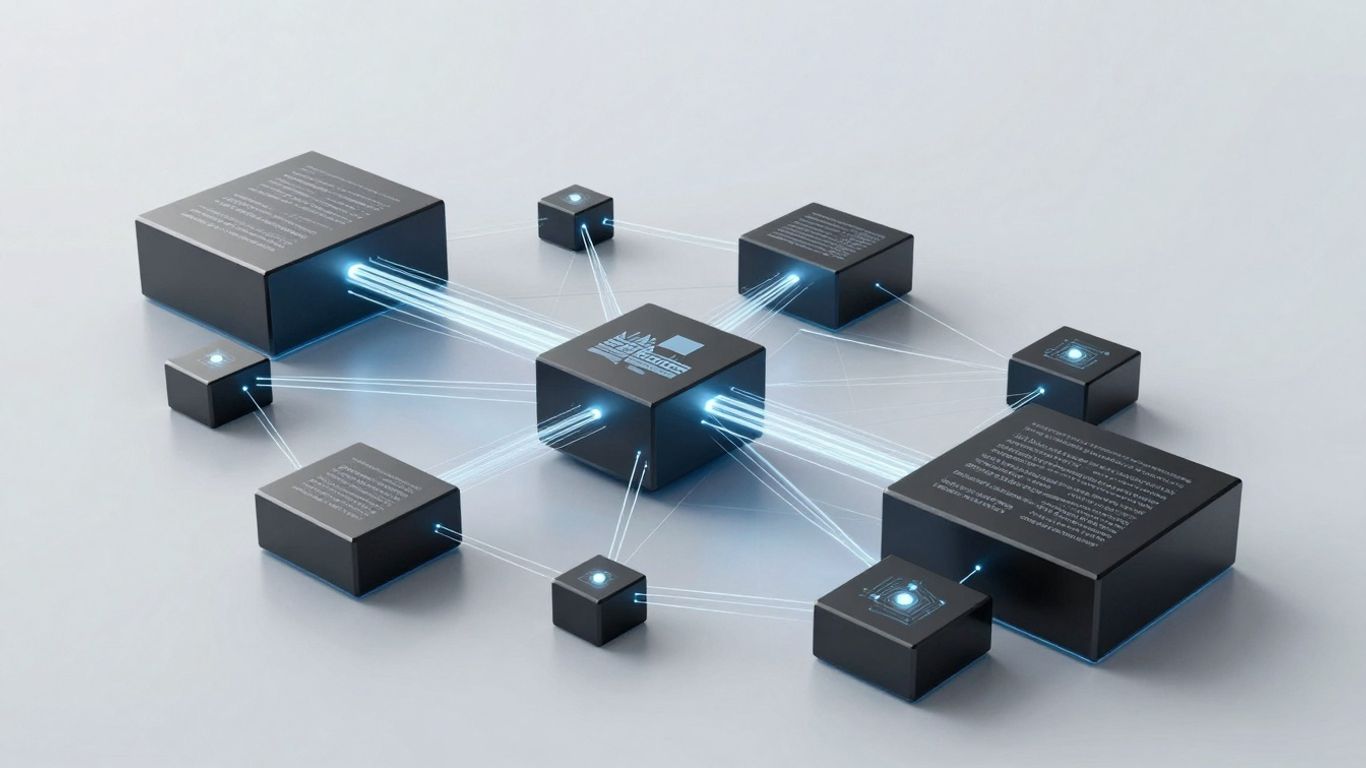 Interconnected digital contracts with glowing data flows.