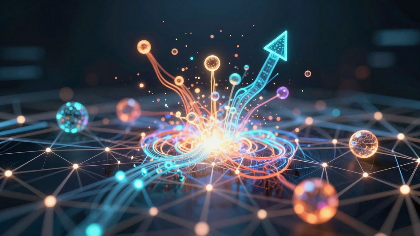 Digital network with glowing nodes and abstract data flow.