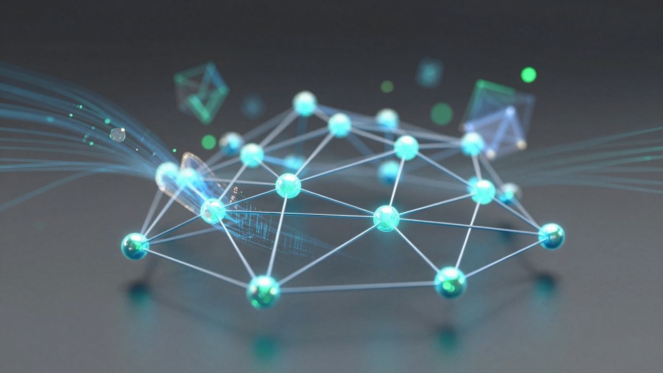 Interconnected digital nodes with glowing lights.