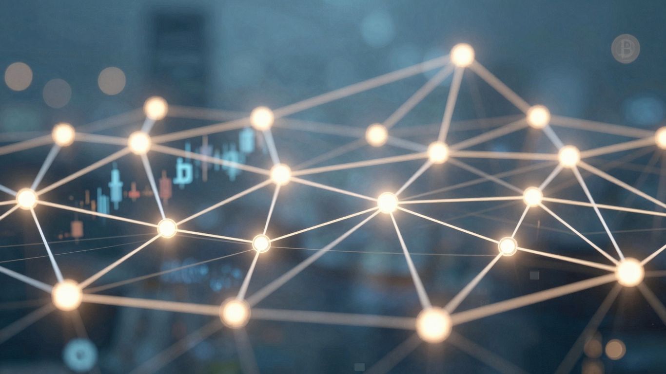 Interconnected digital nodes forming a financial network.