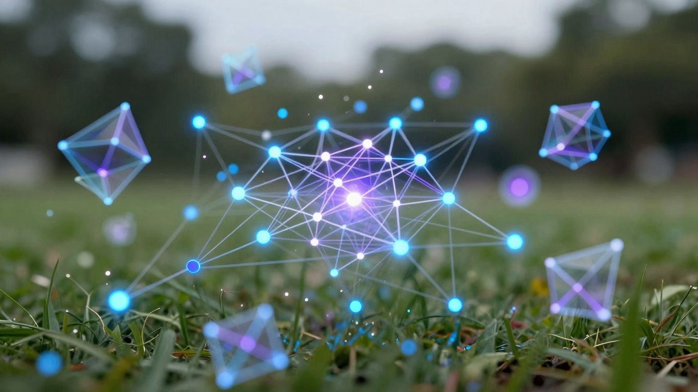 Digital network with glowing nodes and abstract shapes.