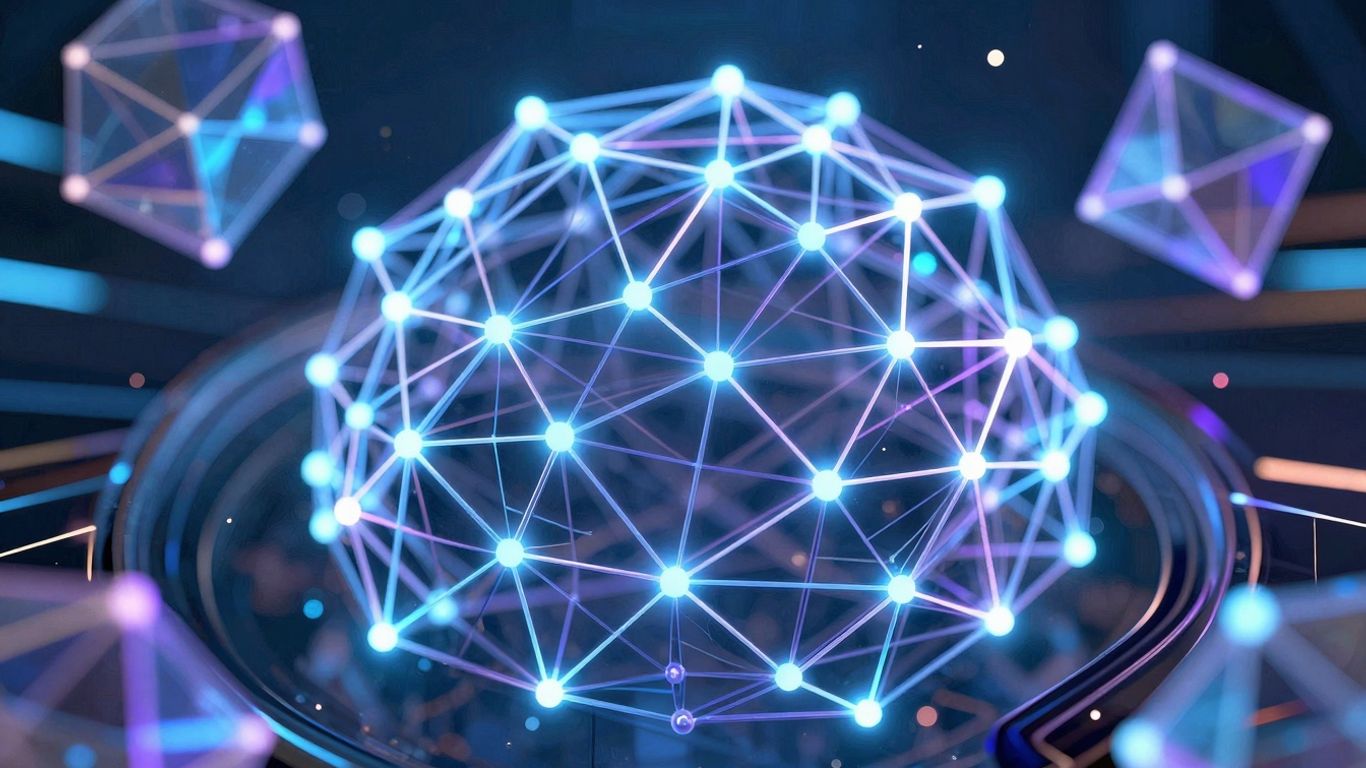 Digital network with glowing nodes and abstract shapes.