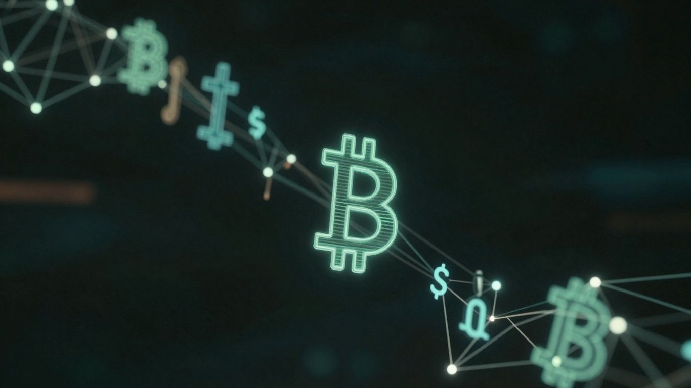 Digital cryptocurrency network with glowing nodes and data streams.