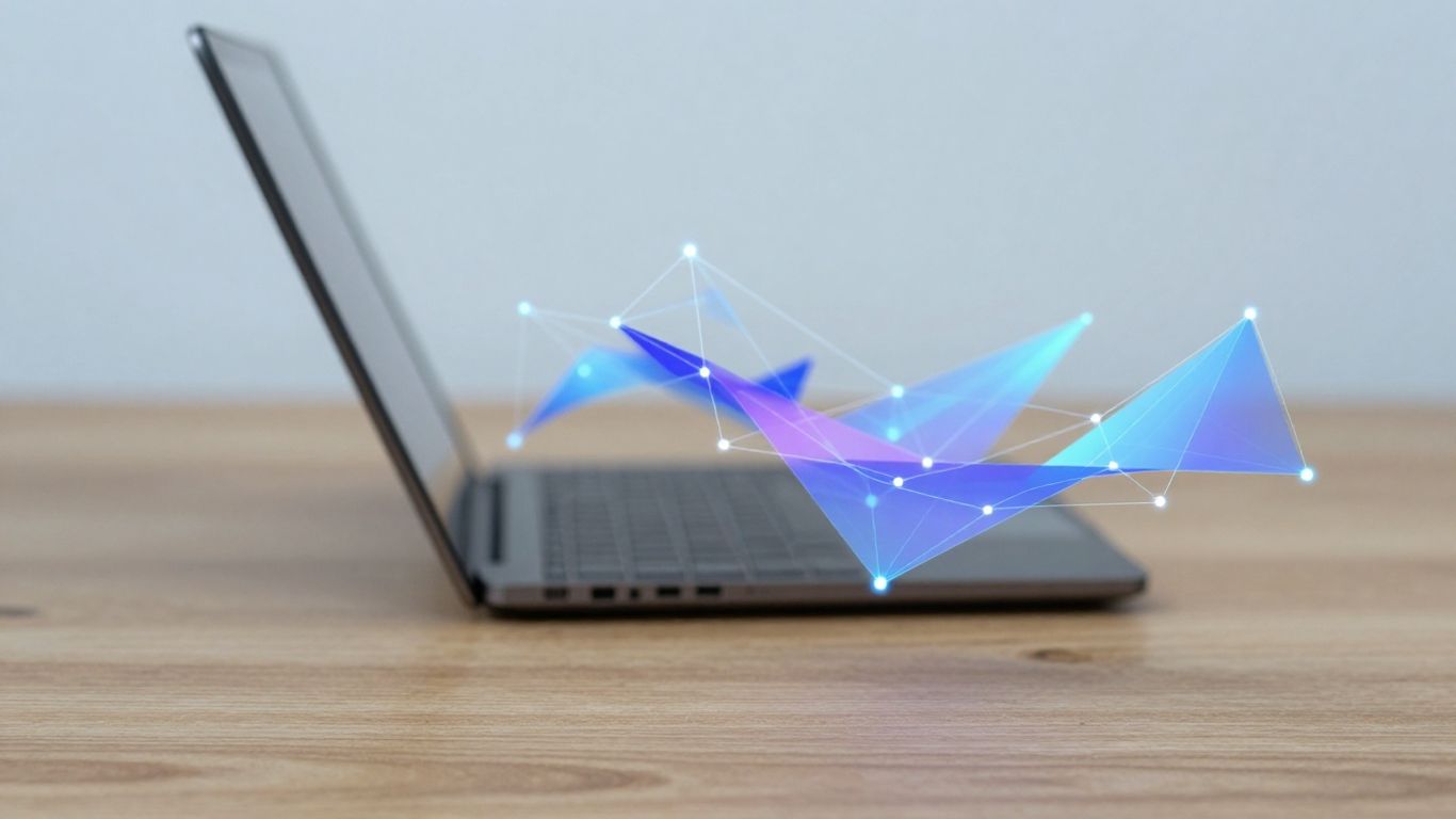 Digital network interface with glowing data streams and geometric shapes.