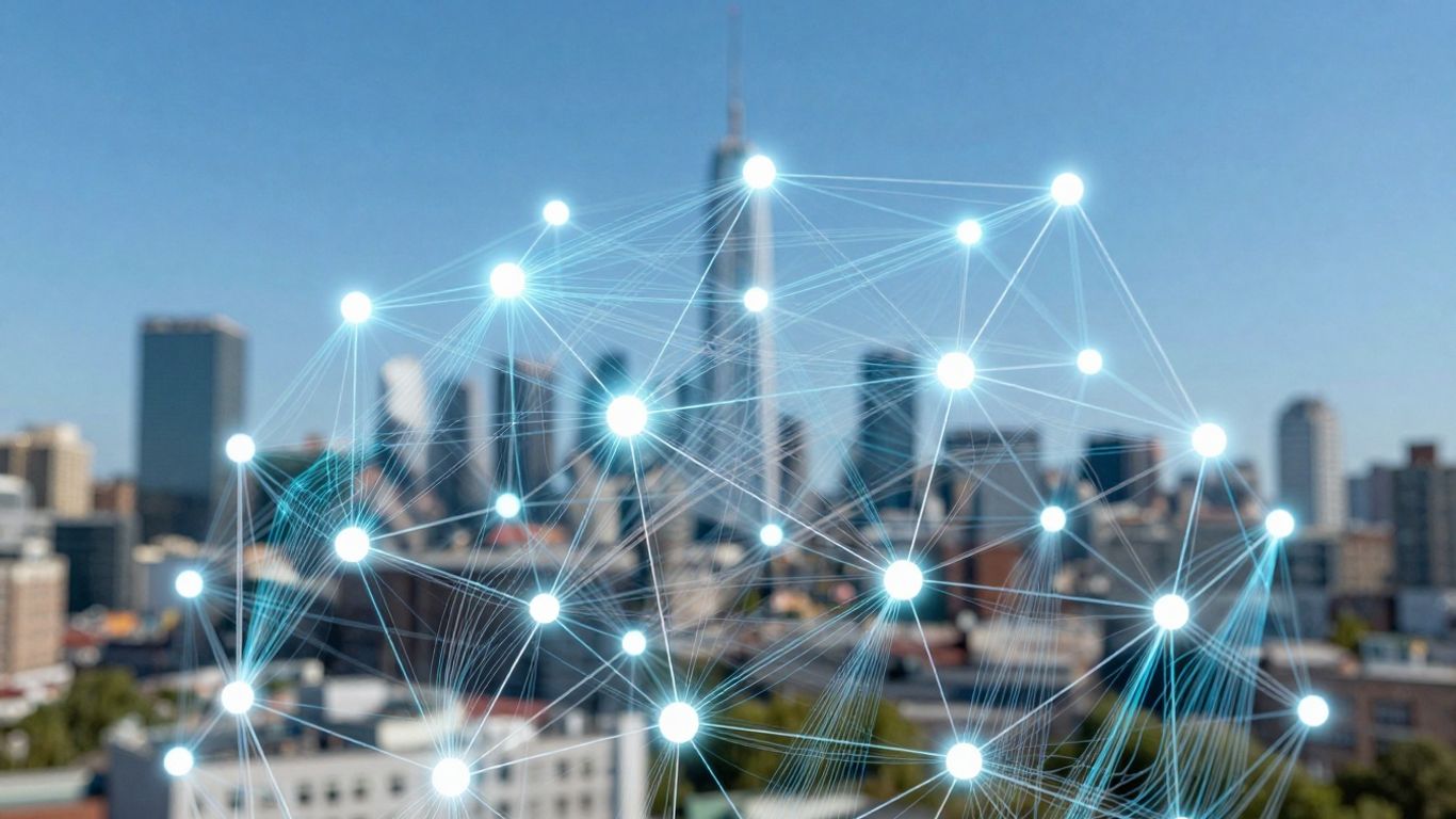 Digital network with glowing nodes and data streams.