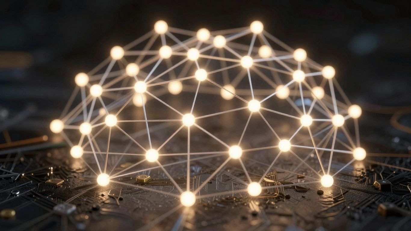 Digital network with glowing nodes and data streams.