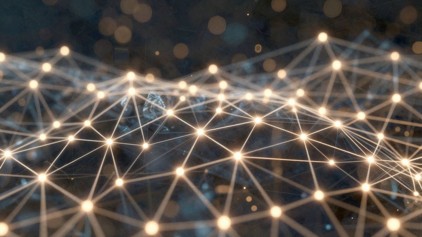 Abstract digital network with glowing nodes and pathways.
