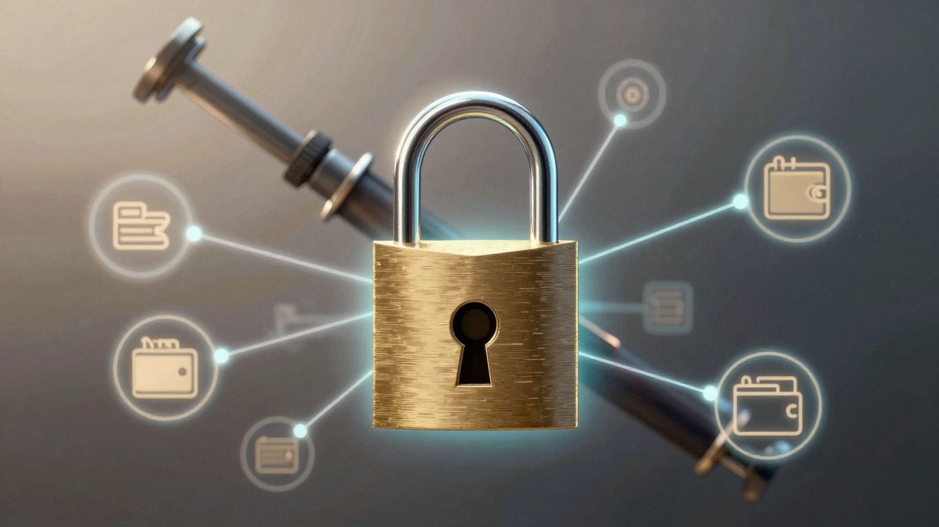 Digital lock connected to cryptocurrency wallets, abstract drainer tool.