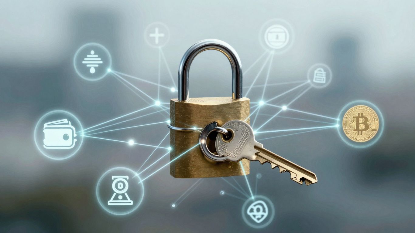 Digital lock and key with cryptocurrency wallet icons.