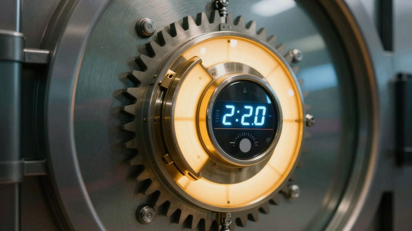 Secure vault with digital lock and gears.